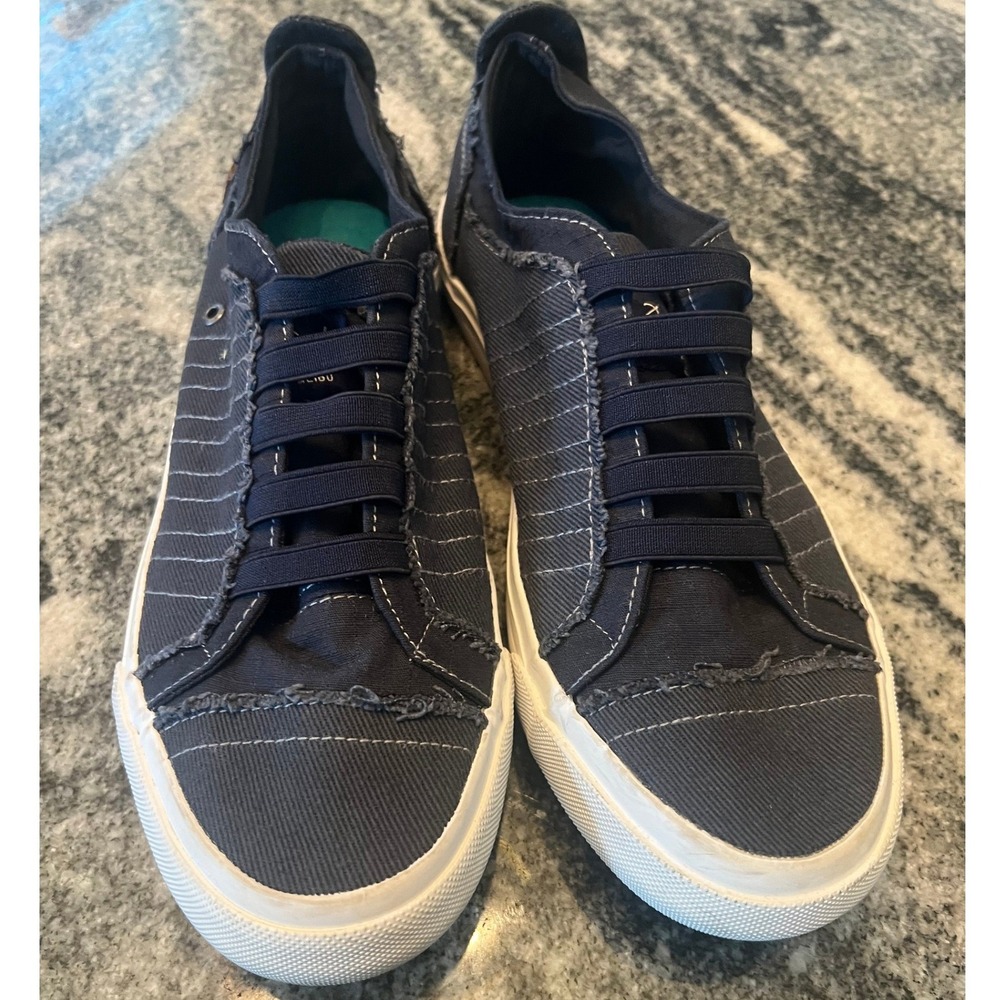 Blowfish Malibu Marley Sneaker Women 9.5 Navy Blue Frayed Canvas Pinstripe